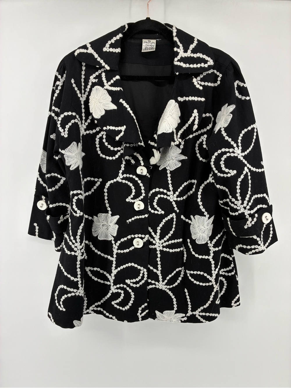 Parsley & Sage Black Button-Front Embroidered Floral Jacket with White Appliqué